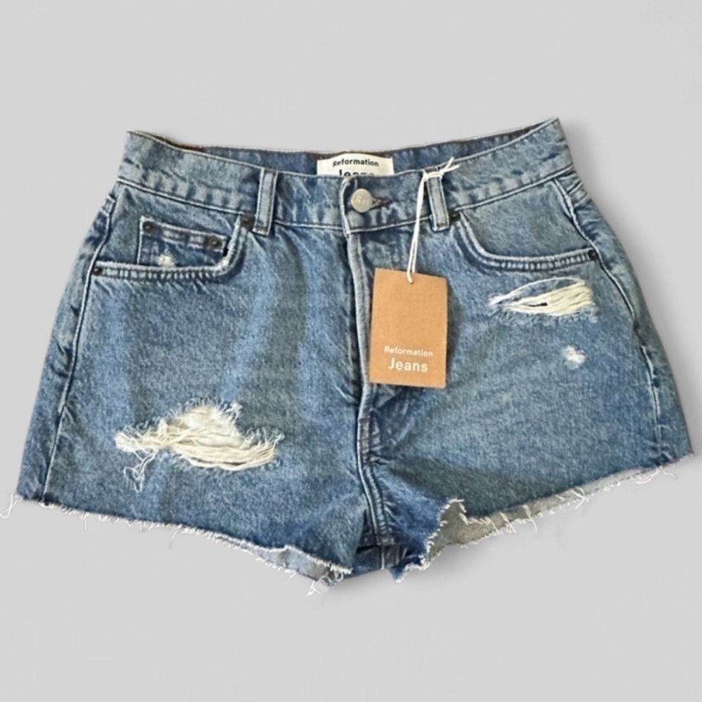 Reformation Blue Distressed Denim Jean Shorts
